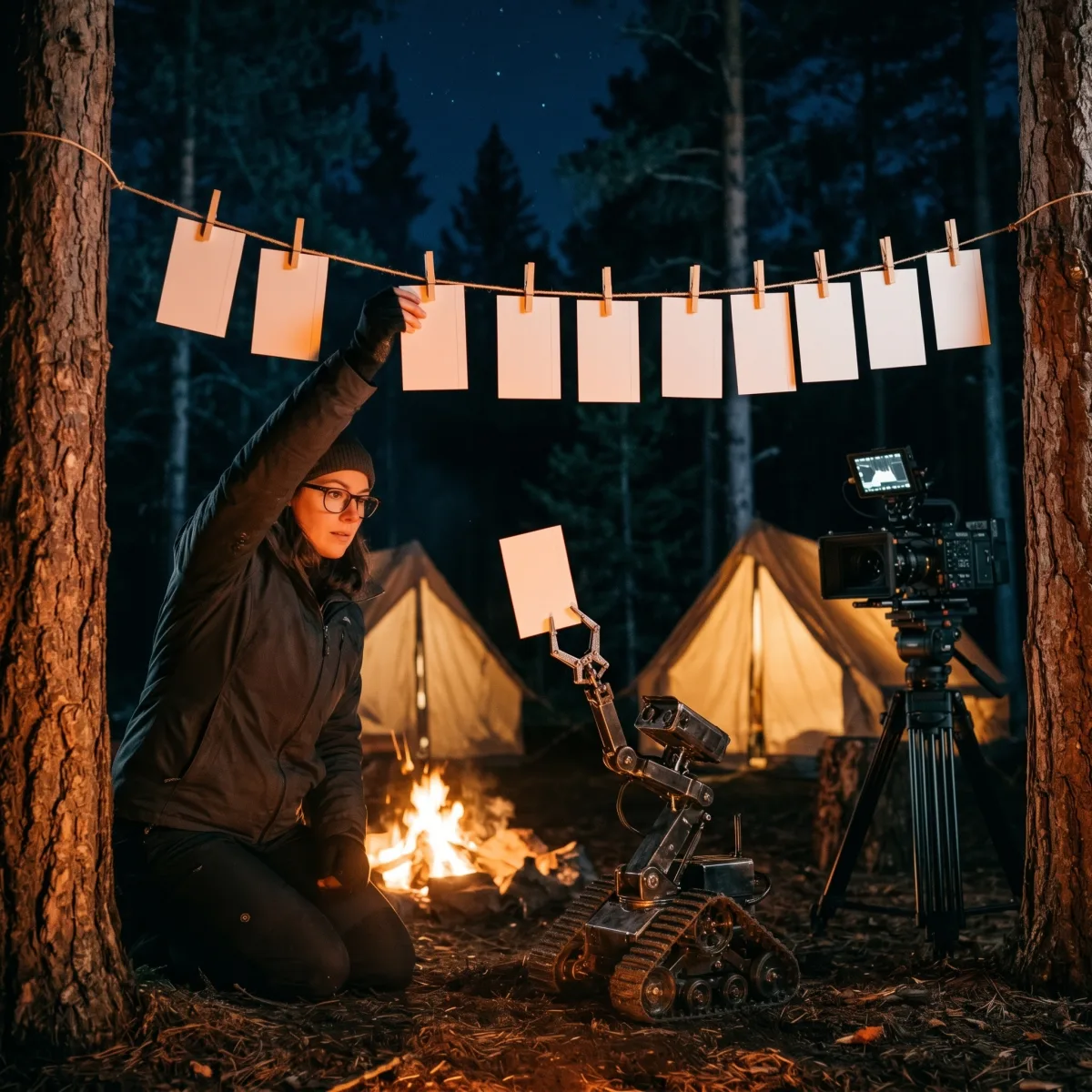 A filmmaker reaches up to move a blank index card on a cord strung between two pines, while a small tracked robot holds up the next card beside the campfire.