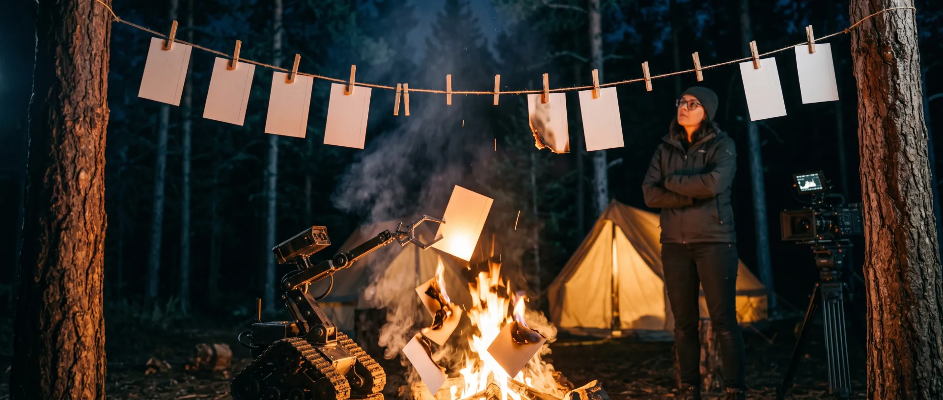 The cord of index cards now has gaps. A tracked robot holds a card over the campfire where others burn, and the filmmaker stands back with arms crossed, studying the line.