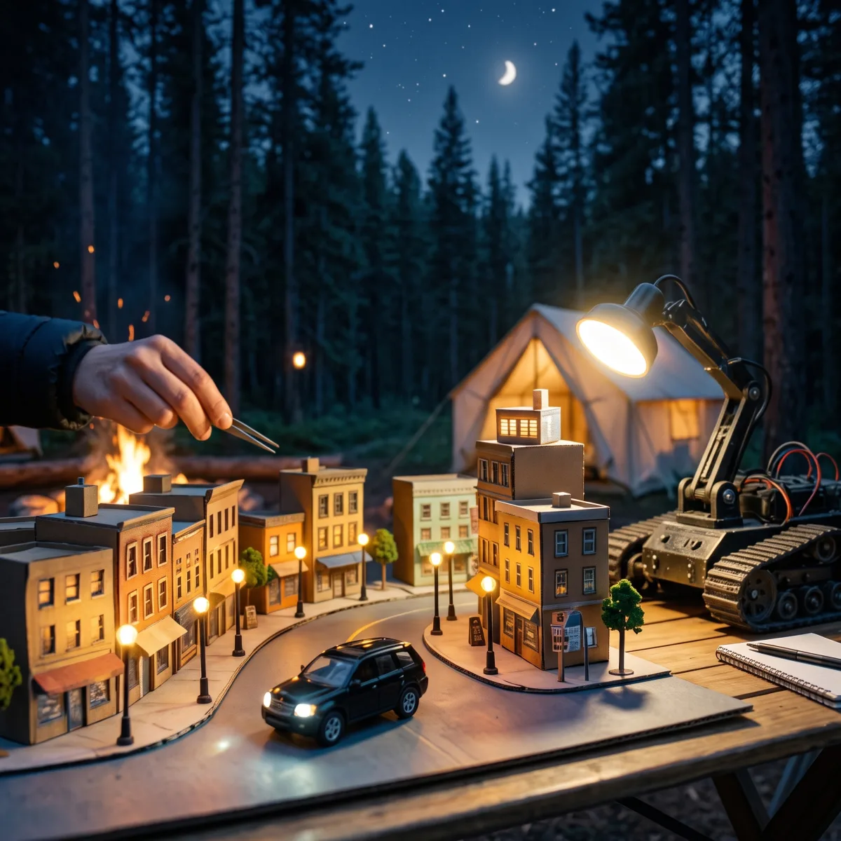 A hand places a cardboard building with tweezers on a lit scale model of a city street, a toy black SUV on the road, while a small tracked robot lights the table with a work lamp at a night camp.