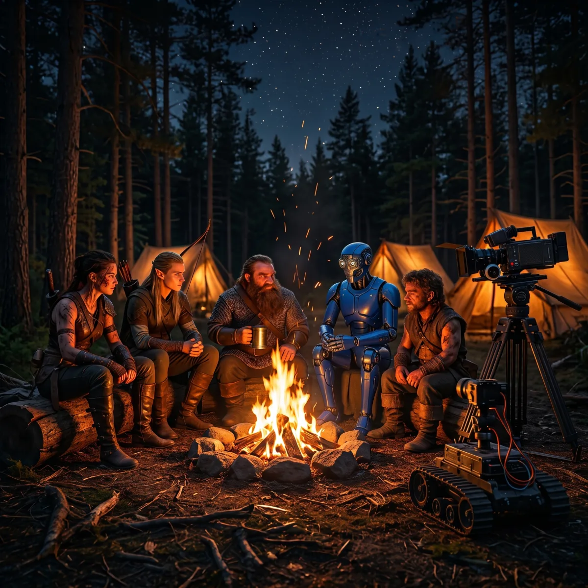 A warrior, an elf archer, a dwarf with a mug, a blue robot, and a rugged traveler sit around a campfire at night, a cinema camera and a small tracked robot just outside the circle.