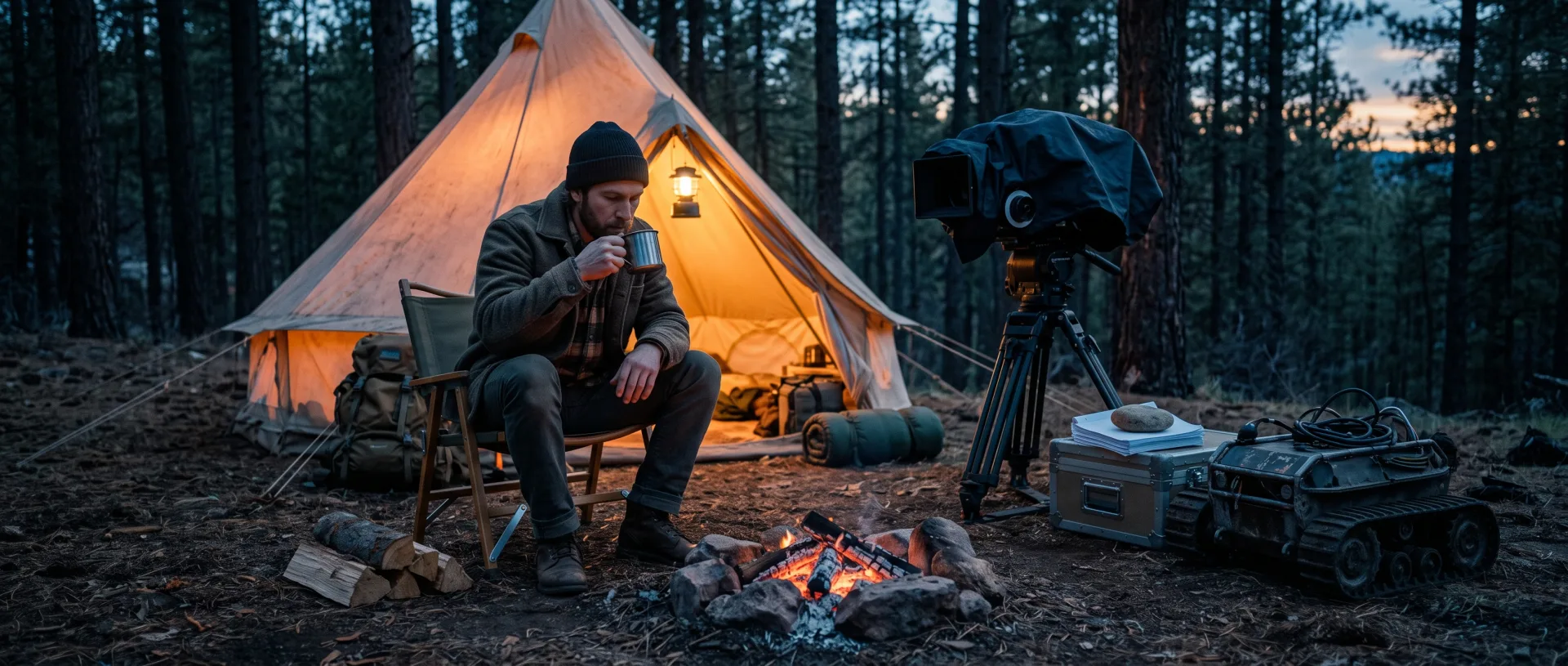 A filmmaker in a beanie drinks from a tin mug outside a glowing tent at dawn, the campfire low, a covered cinema camera on its tripod and a tracked robot parked beside a stack of script pages.