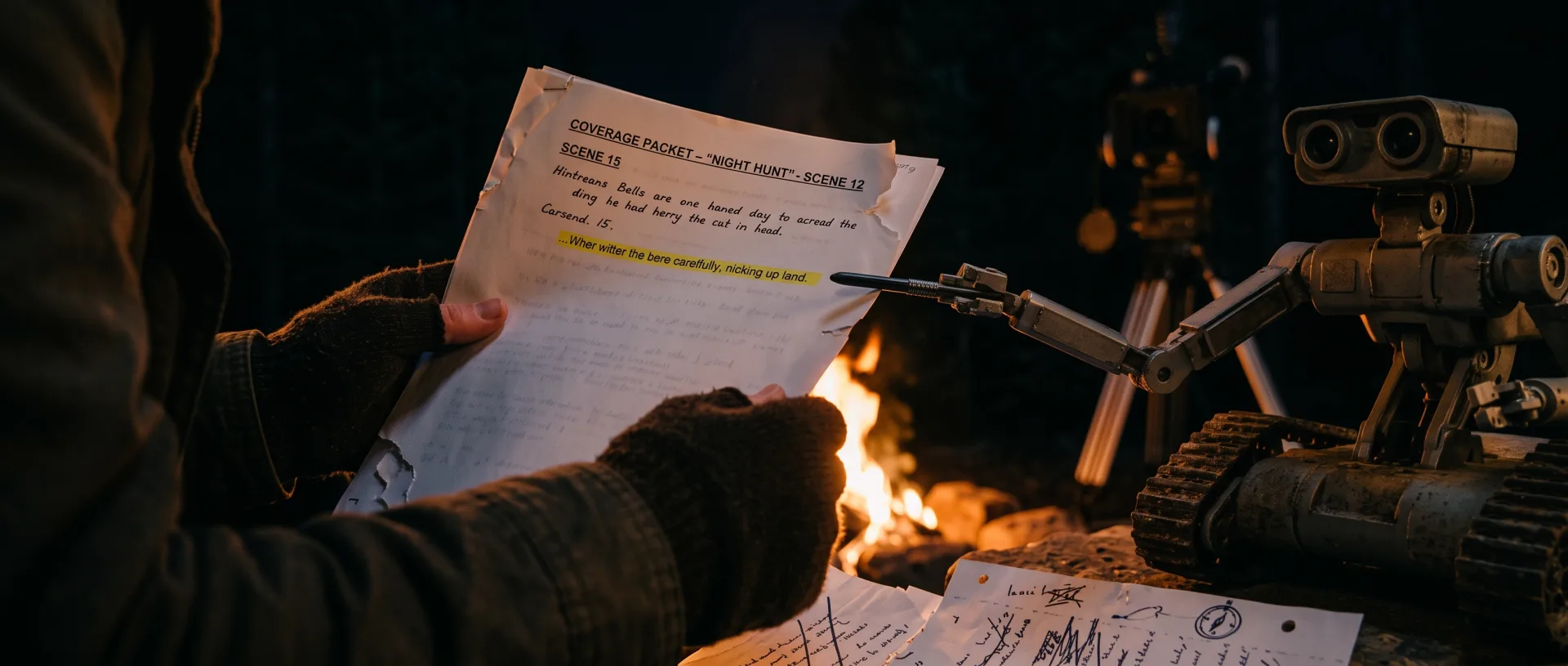 A filmmaker holds a torn coverage packet up to the campfire light while a small tracked robot points a pen at one highlighted line, marked-up pages on the rock below and a cinema camera on a tripod in the dark pines behind.
