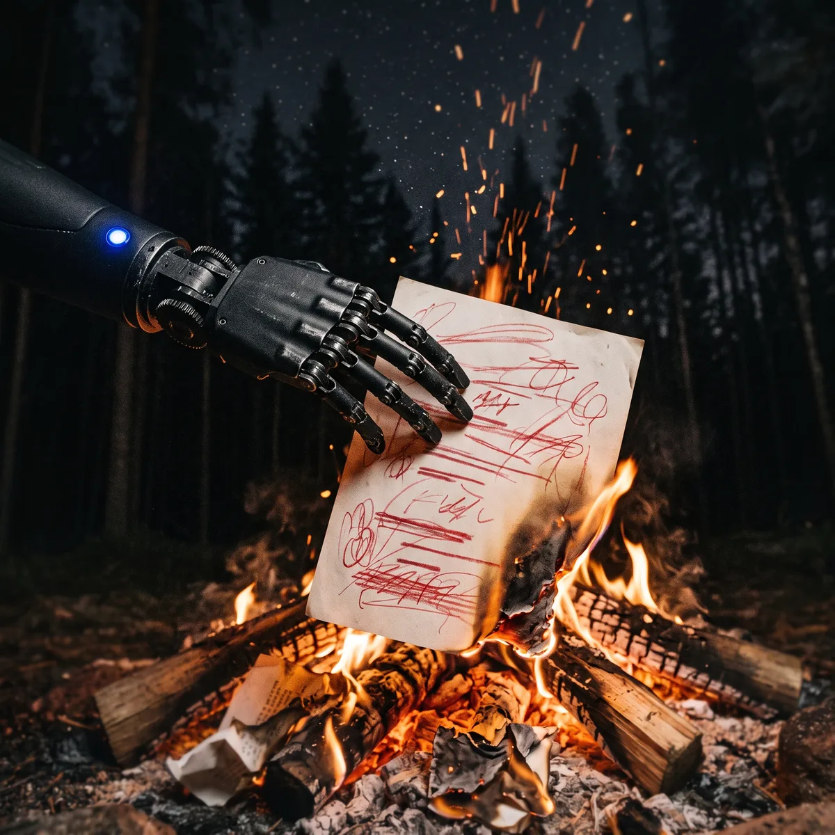 A robotic hand holds a script page covered in red pencil strikes over a campfire, the page catching fire at one corner.
